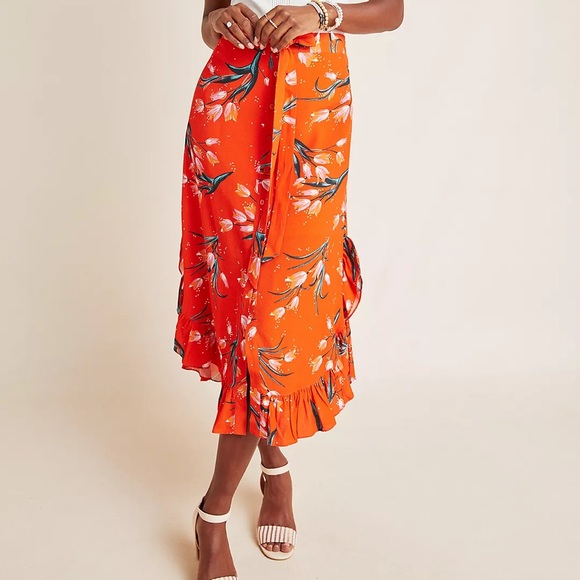 Corey Lynn Calter Dresses & Skirts - Anthropologie Corey Lynn Calter Orange Floral Midi Skirt Front Tie & Side Slits